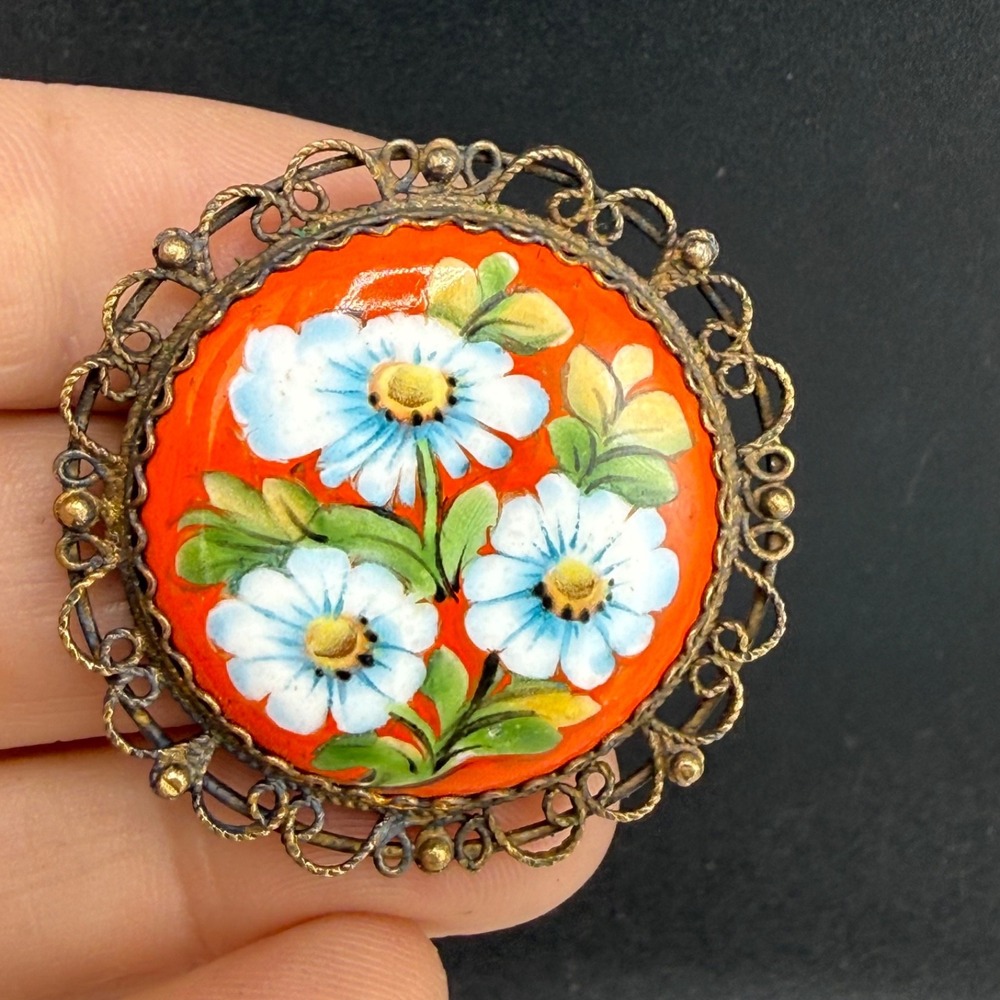 Vintage Estate Flower Brooch Orange Enamel Trombone Clasp Gold Tone Filigree